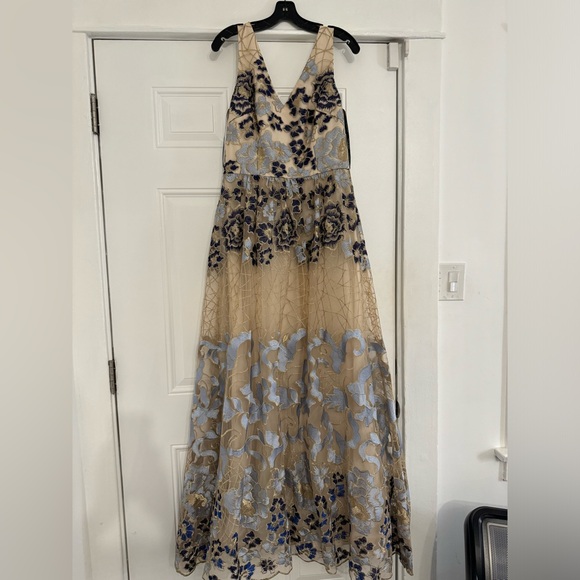 Elegant Blue and Beige Floral Gown